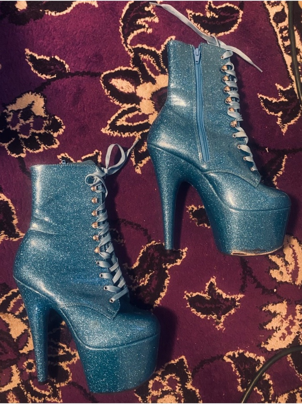 Pleaser Glitter Platform Lace-Up Ankle Boots - Sparkly Blue